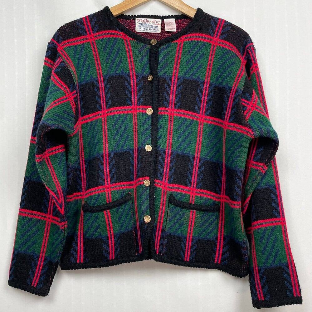 Vintage Tally Ho Plaid Cardigan Sweater Size M Green Black Red Tartan Knit